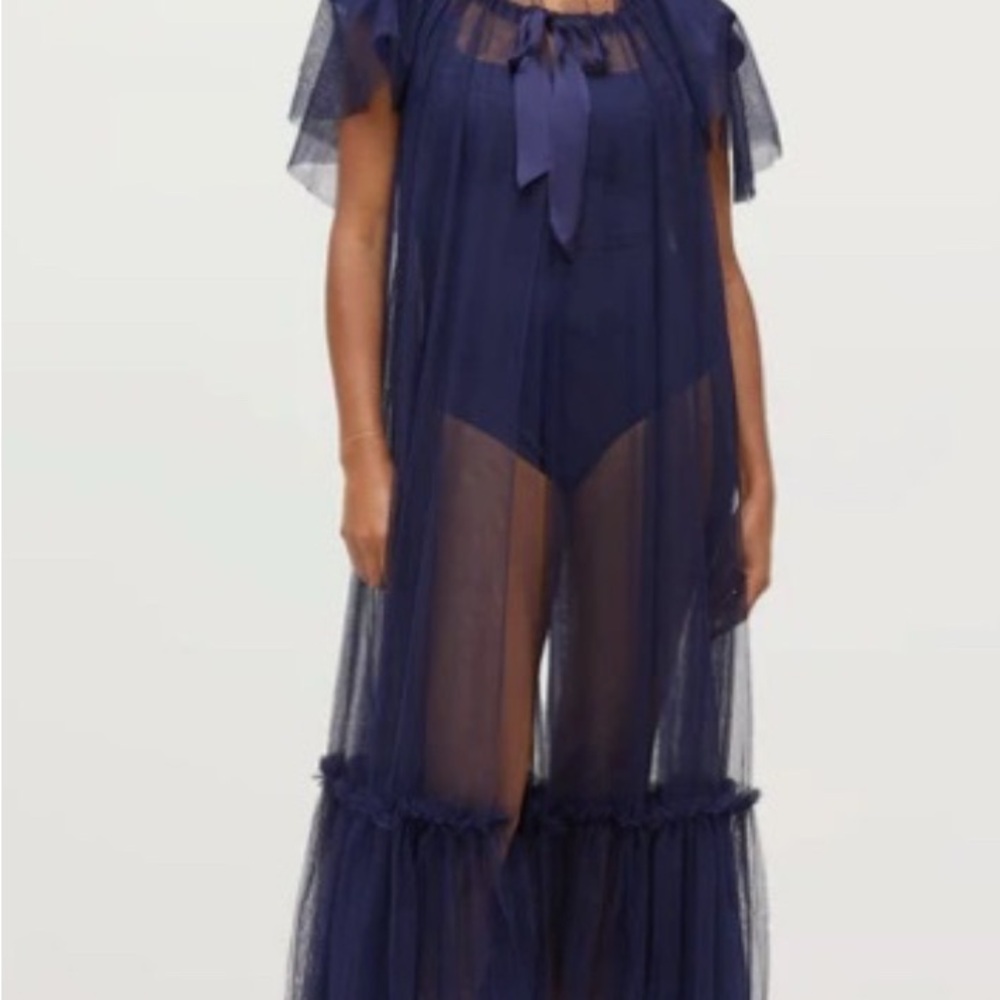 Hill house Coco duster: Navy Sheer duster with Ruffle Details